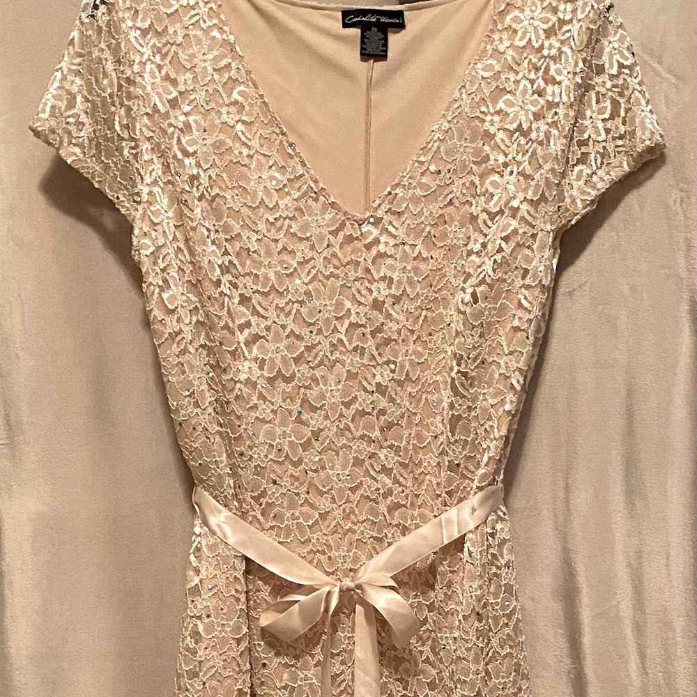 3X cream or champagne color lace dress with sparkly sequins sprinkled all over.